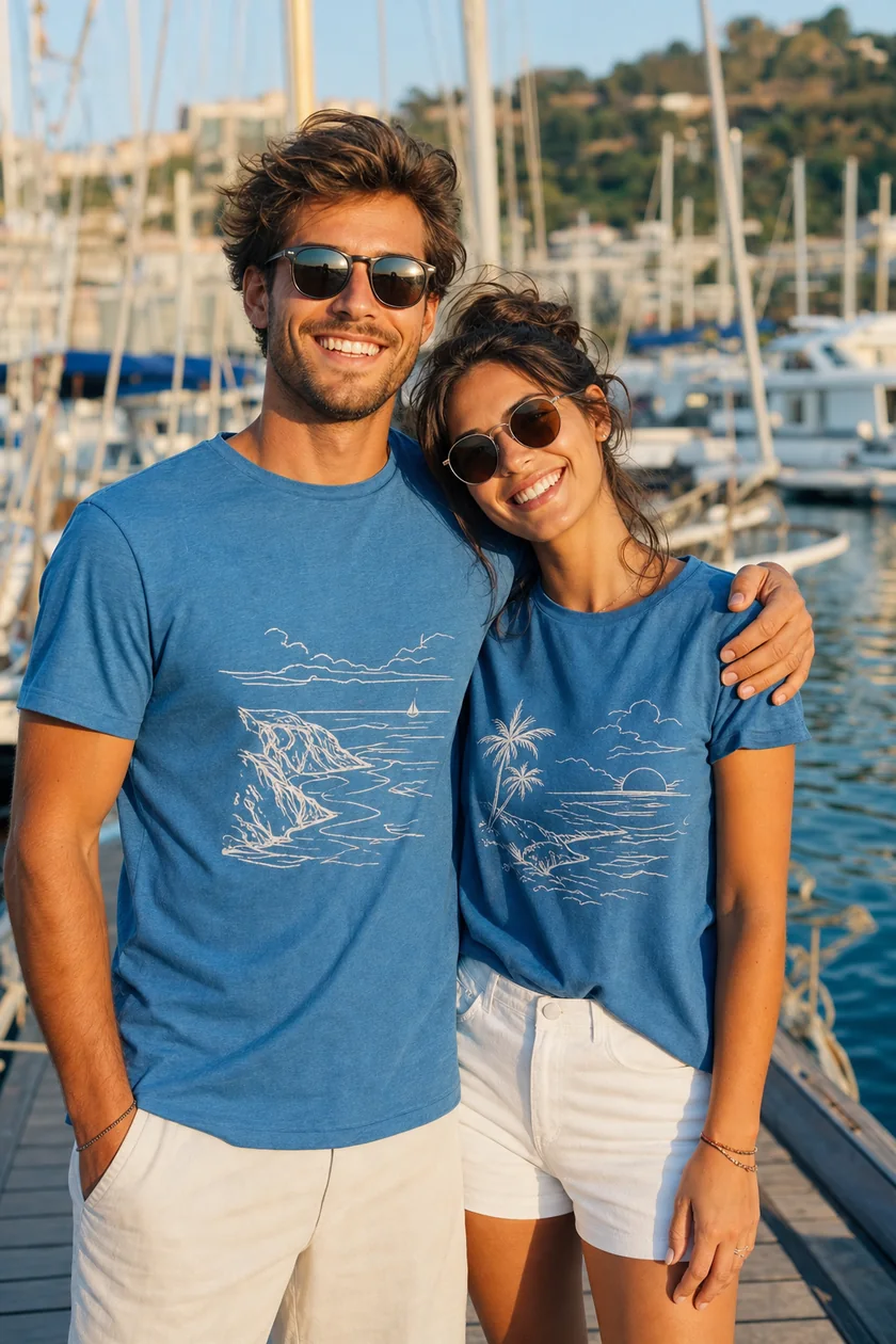 A couple in matching vacation shirts at a marina