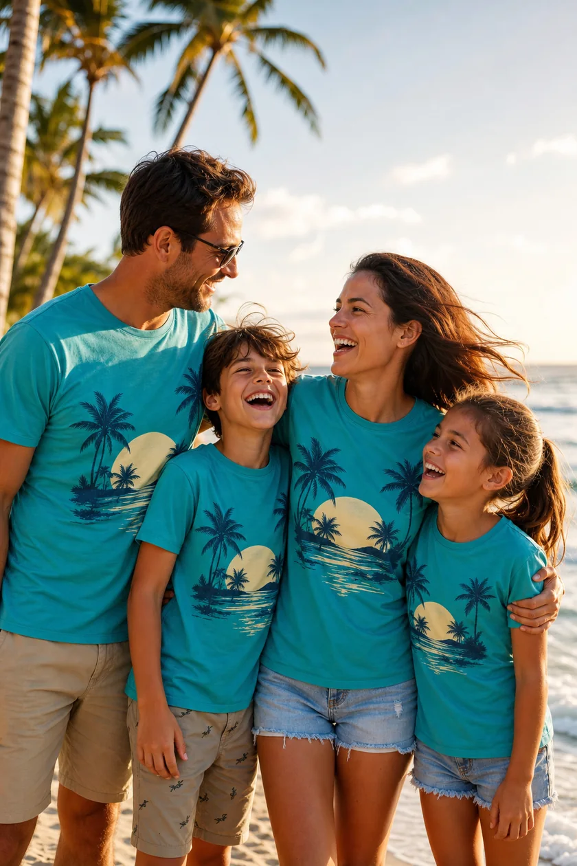 A family wearing matching vacation shirts on the beach